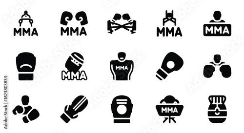Solid black silhouette sports icon set  -  mma fighter silhouette, isolated on white background