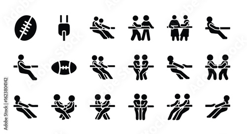 Solid black silhouette sports icon set  -  tug of war game with people pulling rope, isolated on white background