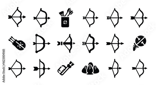 Solid black silhouette sports icon set  -  archery bow and arrow set, isolated on white background