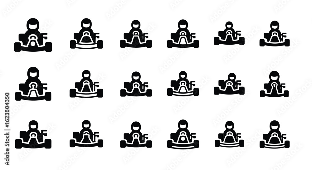 Obraz premium Solid black silhouette sports icon set - go kart racing car isolated on white background