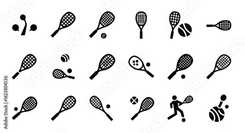 Solid black silhouette sports icon set  -  tennis racket and ball, isolated on white background