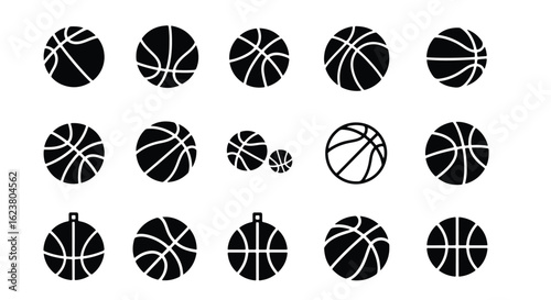Solid black silhouette sports icon set  -  two basketballs of different sizes isolated on white background