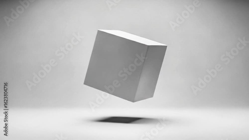 Floating white cube, minimalist design, studio lighting, blank surface, shadow.