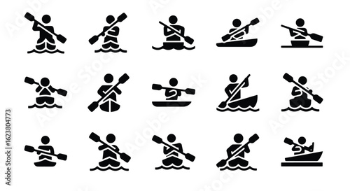 Solid black silhouette sports icon set  -  kayaking icon isolated on white background