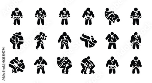 Solid black silhouette sports icon set  -  a set of black silhouette icons depicting various martial arts poses and actions
