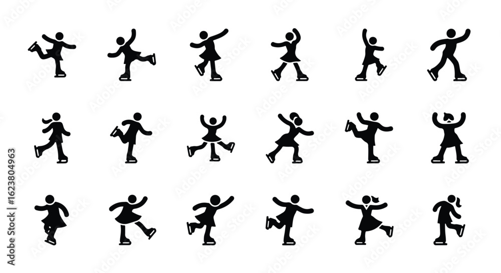 Naklejka premium Solid black silhouette sports icon set - figure skater icons isolated on white background