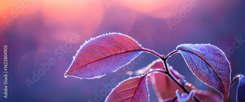 lose Up of Dew Covered Leaves with Soft Purple and Pink Blurred Background