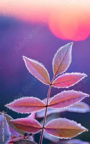 lose Up of Dew Covered Leaves with Soft Purple and Pink Blurred Background