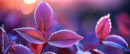 lose Up of Dew Covered Leaves with Soft Purple and Pink Blurred Background