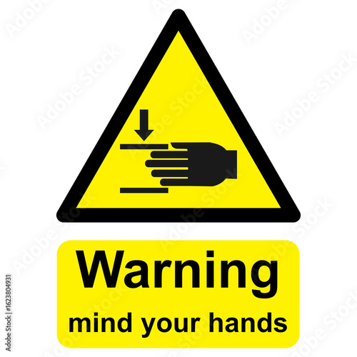 Black and yellow vector graphic of Warning mind your hands warning sign. It consists of a symbol in a triangle above warning text.