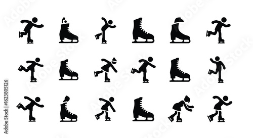 Solid black silhouette sports icon set  -  collection of ice skating pictogram icons isolated on white background