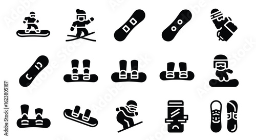 Solid black silhouette sports icon set  -  snowboard and bindings, isolated on white background