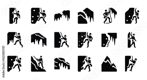 Solid black silhouette sports icon set  -  rock climbing icons with people ascending a steep cliff face, representing adventure and extreme sports