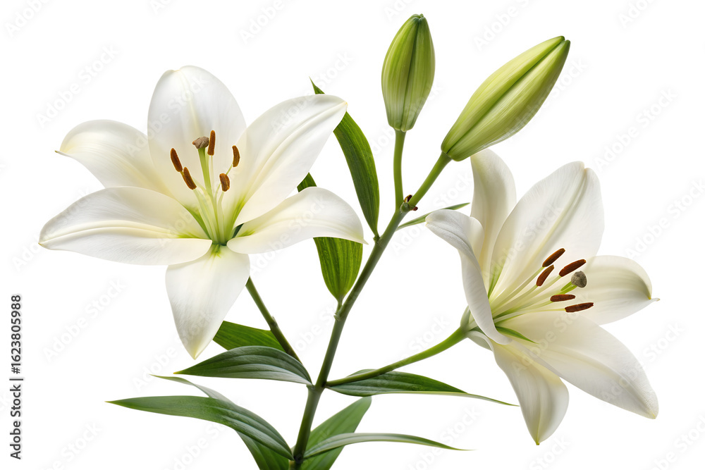 Fototapeta premium Elegant White Lilies Flowers and Buds on a Transparent Background