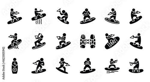 Solid black silhouette sports icon set  -  wakeboarder silhouette riding a wave, isolated on white background