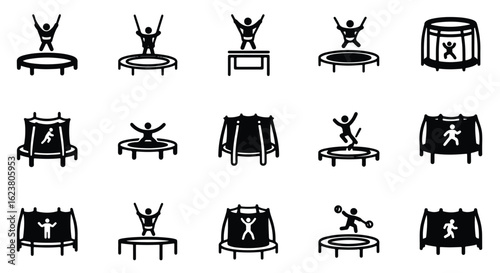 Solid black silhouette sports icon set  -  icon of a trampoline with safety net and frame, representing jumping and outdoor recreation, isolated on white