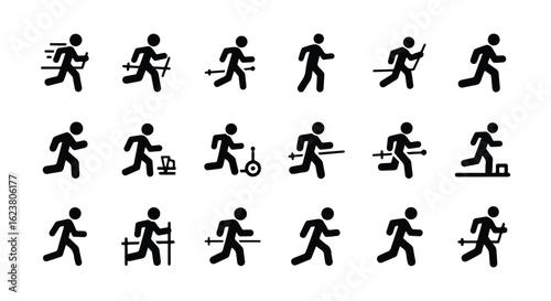 Solid black silhouette sports icon set  -  stick figure running and skiing icons isolated on white background