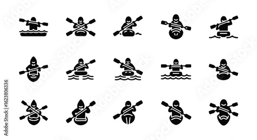 Solid black silhouette sports icon set  -  black silhouette icon of a person kayaking with a paddle on wavy water, isolated on white background