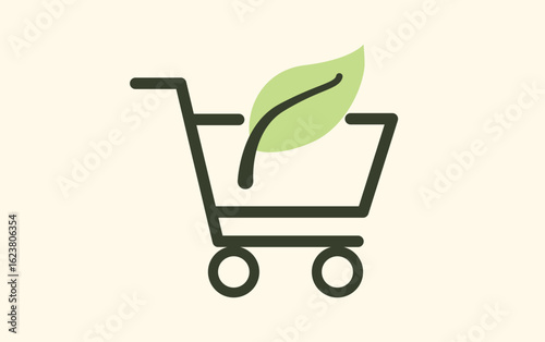 Ilustración digital de un carrito de compras con una hoja verde, representando consumo responsable, sostenibilidad y productos ecológicos. Tiendas online, aplicaciones verdes, medioambiente.