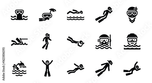 Solid black silhouette sports icon set  -  diver icon isolated on white background