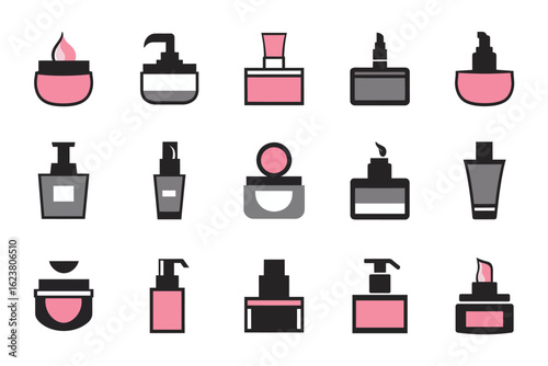 Collection of Stylish Cosmetic Bottles and Containers in Pink and Gray for Beauty and Personal Care Products