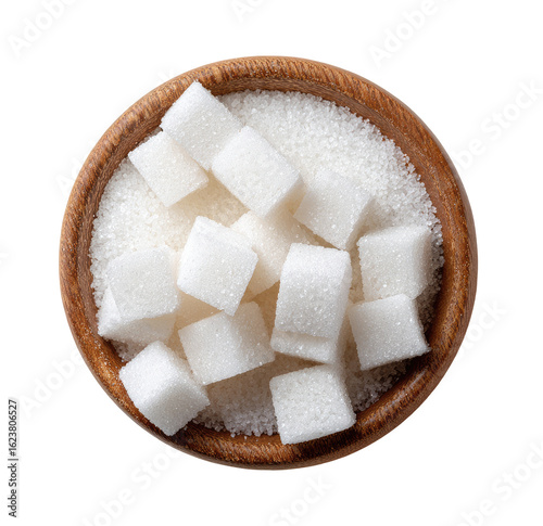 Sugar cubes in a wooden bowl