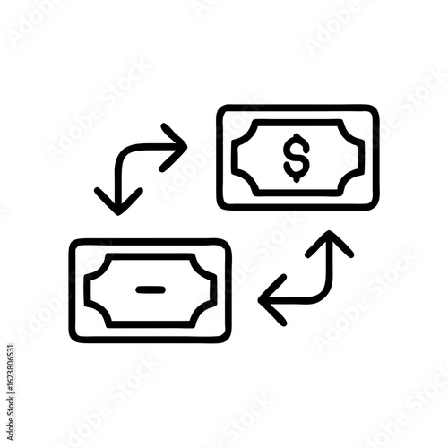 Money transfer illustration with dollar bills and arrows indicating exchange  