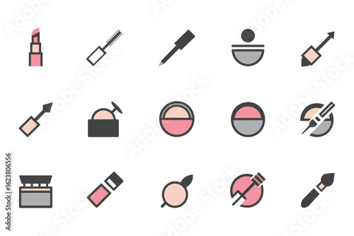 Minimalist Makeup Icons Set for Beauty and Cosmetic Industry with Lipstick Mascara Eyeshadow and Brush Collection