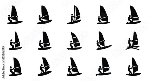 Solid black silhouette sports icon set  -  windsurfing silhouette with sail and board on water, isolated on white background