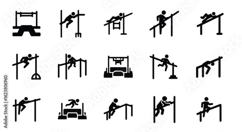 Solid black silhouette sports icon set  -  car lift in a garage for vehicle repair and maintenance, isolated on white background