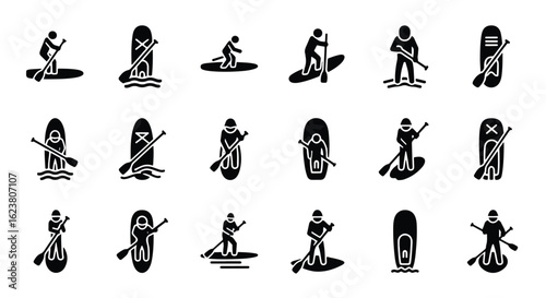 Solid black silhouette sports icon set  -  set of black icons representing people in canoes and kayaks, isolated on white background