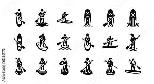Solid black silhouette sports icon set  -  collection of water sports icons including paddleboarding, kayaking, and canoeing, isolated on white background