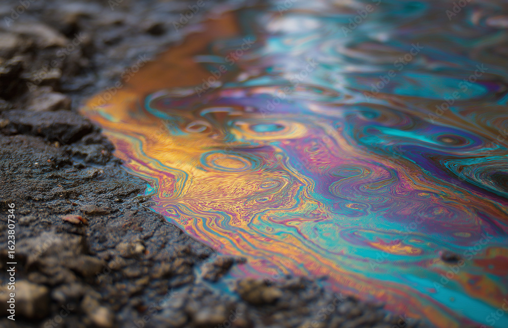 Fototapeta premium A close-up of an slick on the ground, with colorful patterns and swirls.