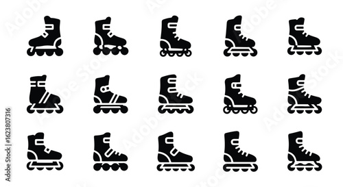 Solid black silhouette sports icon set  -  rollerblade icon, isolated on white background