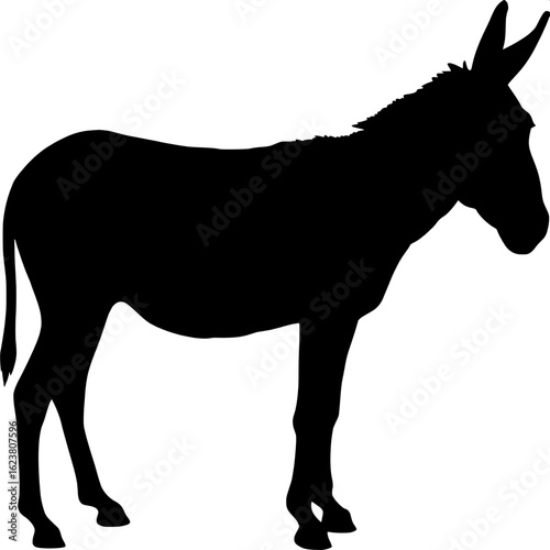 Silhouette of a donkey standing in profile but with its head turned slightly toward the viewer. The subtle head twist adds character while keeping the style flat and monochrome.