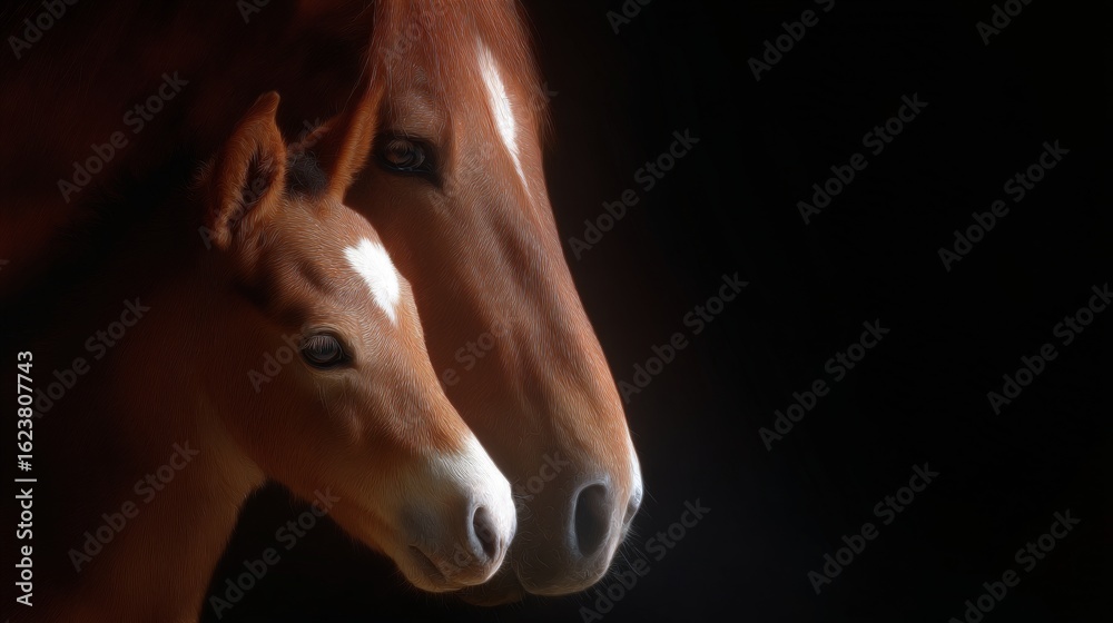 Fototapeta premium A close-up of a horse and its foal in a dark setting. This image captures their gentle features and bond. It conveys warmth and love between mother and child. AI