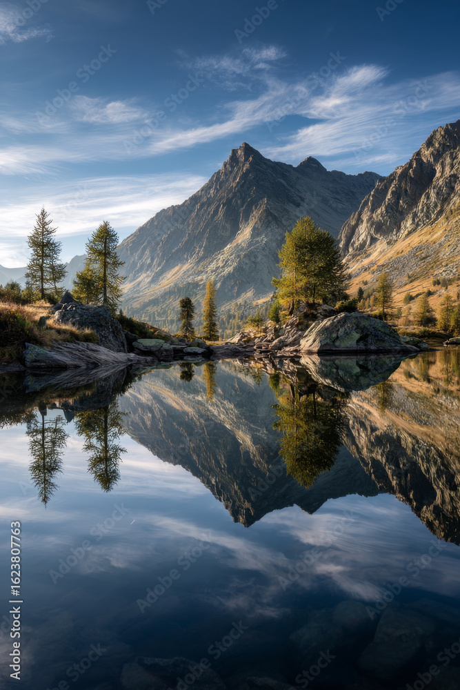 Obraz premium Mountain landscape with reflection in the lake.