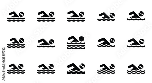 Solid black silhouette sports icon set  -  swimmer icon in water isolated on white background