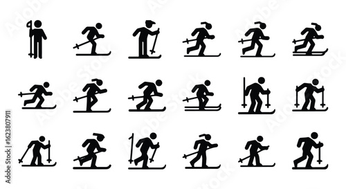 Solid black silhouette sports icon set  -  set of skiing icons, depicting winter sports and mountain activities, isolated on white background