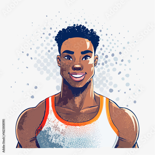 a stippled vector portrait of an athlete mid-breath, capturing sweat and muscle tension with fine dot clusters and shadows