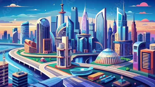 This semi-realistic vector captures soaring architecture and vibrant movement—Dubai’s modern skyline, Internet City’s towers, and Sheikh Zayed Road—intertwined in light, shadow, and endless motion acr