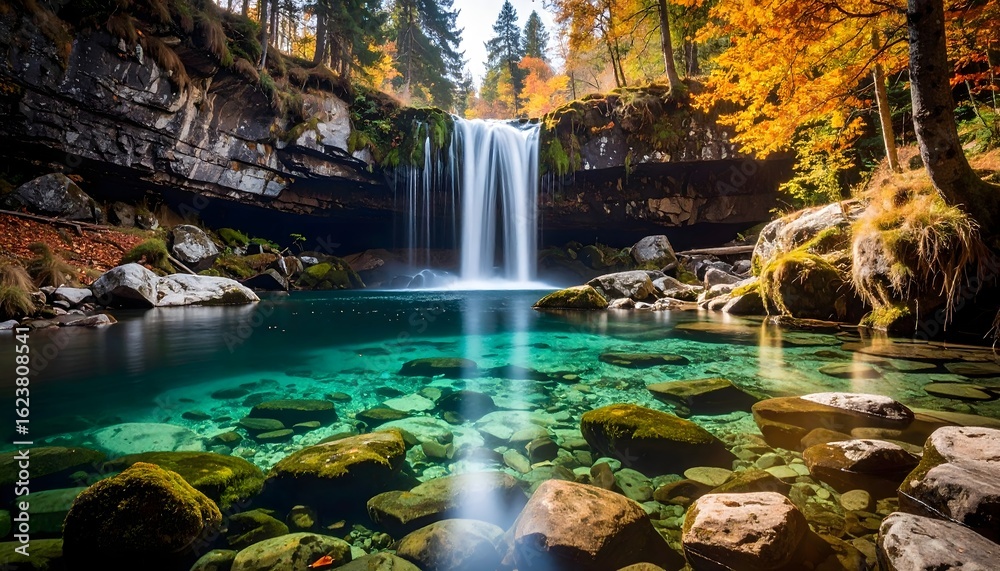 Obraz premium Majestic waterfall flowing into a crystal-clear turquoise pool surrounded by vibrant autumn trees and mossy rocks.