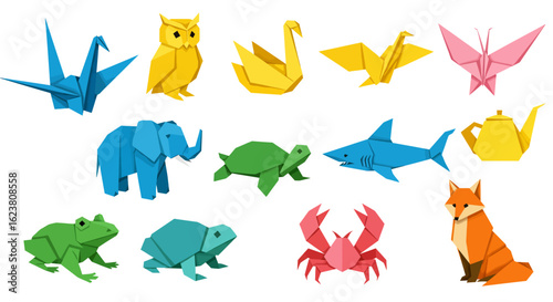 Collection of Beautiful Paper Origami Animals and Objects Including Birds Elephants Turtles Sharks Crabs Foxes Frogs Swans and Teapots