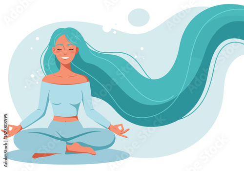 Serene woman with flowing turquoise hair meditating peacefully in a lotus position on a calm blue background with abstract wavy shapes and gentle sparkles symbolizing tranquility and inner harmony