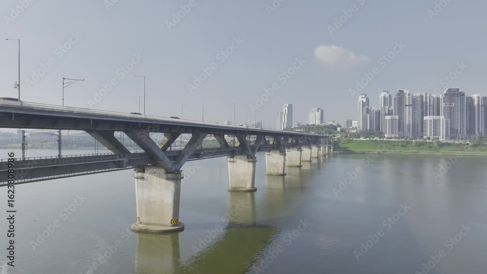 Drone View of Seoul city in South Korea, Ttukseom Island, Cheongdam Bridge, Summer Drone View of Seoul city in South Korea, Ttukseom Island, Cheongdam Bridge, Summer