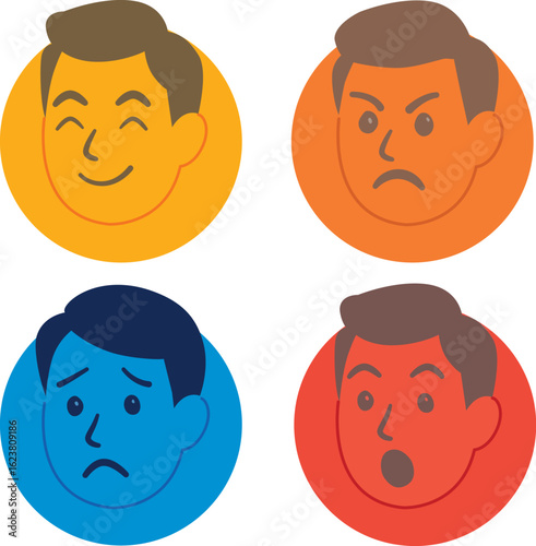 Ilustración vectorial de cuatro rostros, mostrando distintas emociones: alegría, enojo, sorpresa y calma. Estilo plano y minimalista, proyectos de UX, educación emocional,  coaching, sentimientos