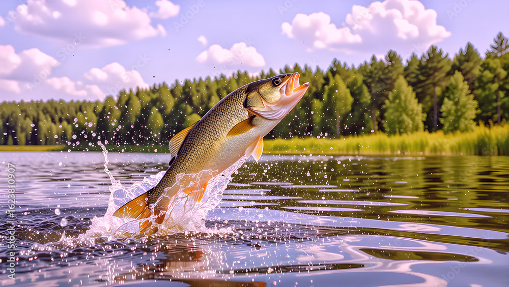 Fototapeta premium A vibrant fish leaping out of the water, creating a splash as it breaks the surface