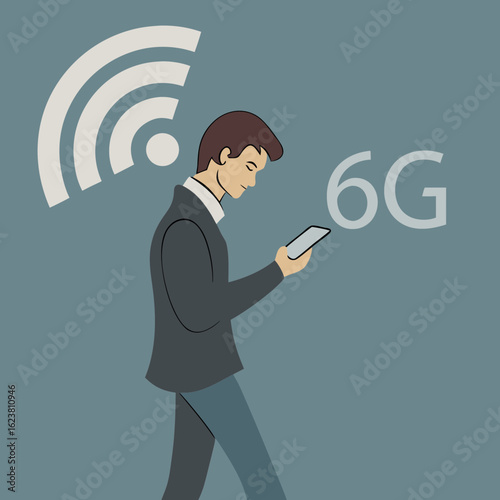 Illustration of a man using a smartphone with a 6g symbol and wifi icon in a modern style design created with generated ai