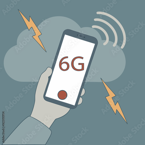 Illustration of a hand holding a smartphone displaying 6g with a cloud and lightning bolts around it created with generated ai