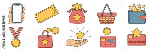 Vibrant assortment showcasing loyalty program rewards, symbolizing customer retention and incentives for shopping on transparent background